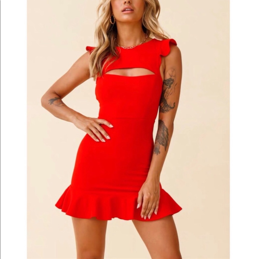 RED CUT-OUT BUST RUFFLE SHOULDER MINI DRESS - Picture 2 of 6